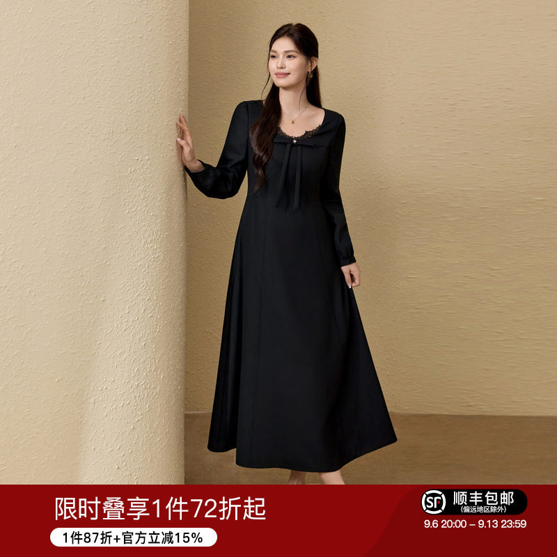 蓝语大码女装气质U领蕾丝拼接小黑裙26早秋蝴蝶结收腰遮肉连衣裙