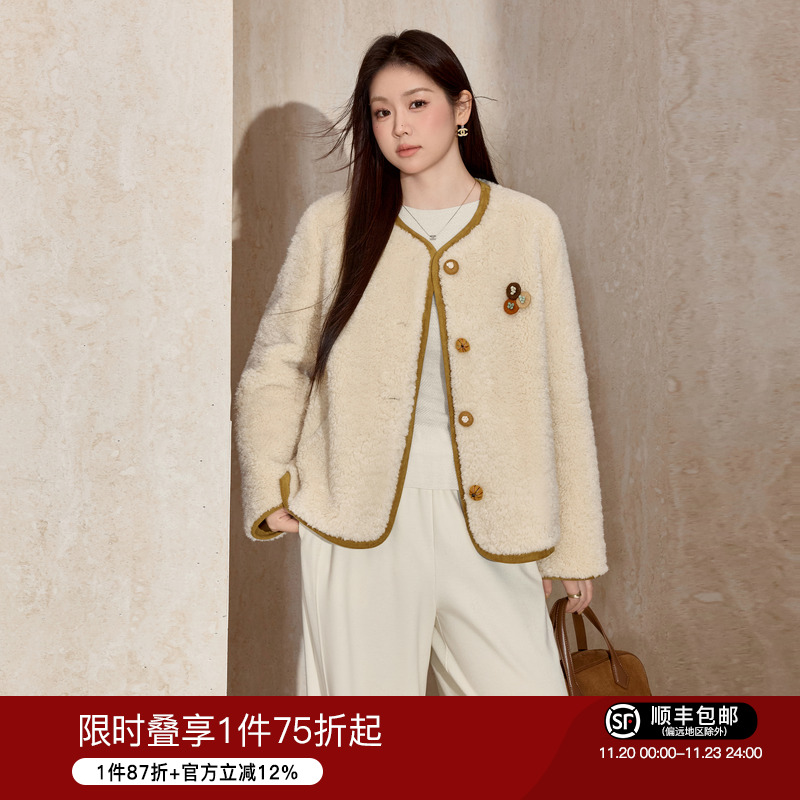 蓝语圆领撞色仿皮毛一体加厚外套