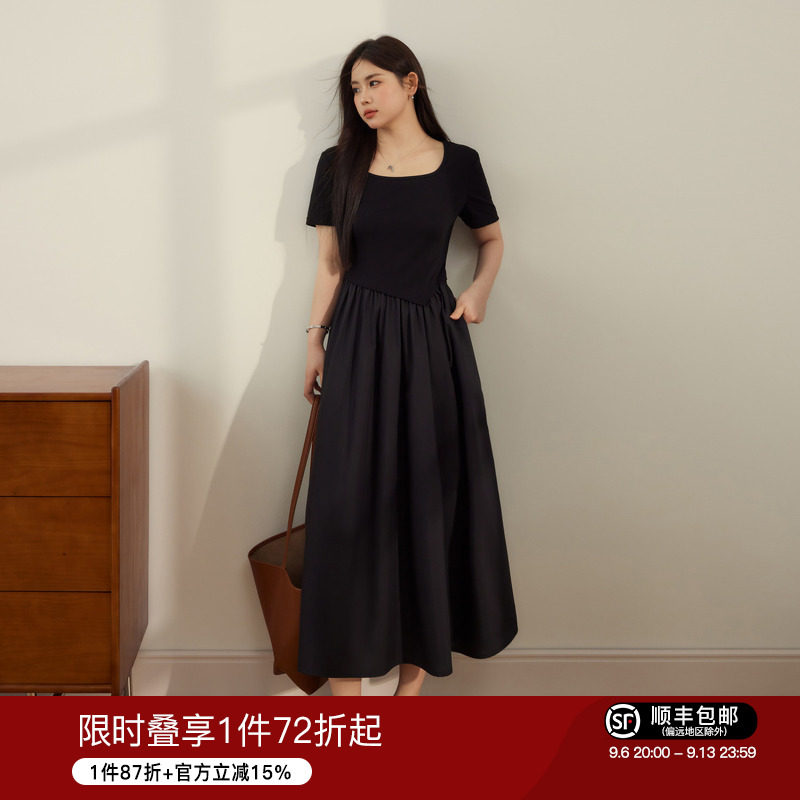 大码女装蓝语撞色拼接连衣裙图片