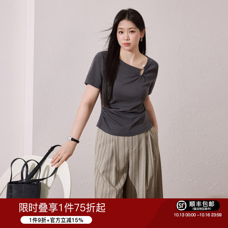 【瘦瘦T】蓝语大码女装高弹正肩不规则短袖T恤夏收腰显瘦独特上衣
