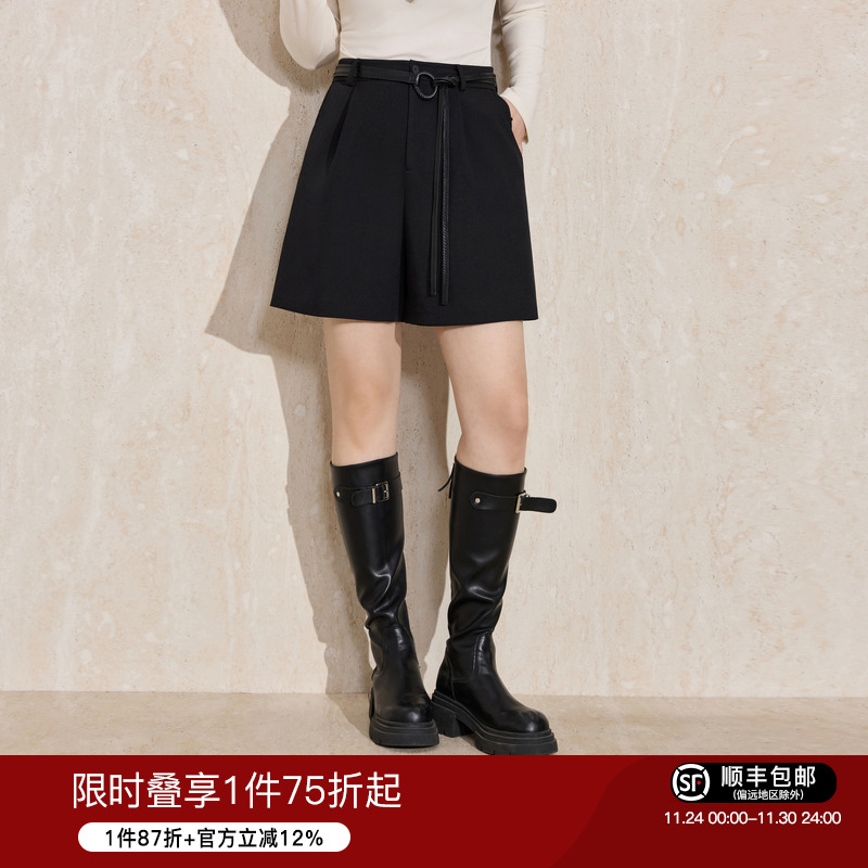 蓝语黑色西装斜纹高腰显瘦短裤女