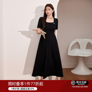 收腰显瘦a字长裙 蓝语大码 女装 法式 赫本风黑色方领连衣裙2025夏季