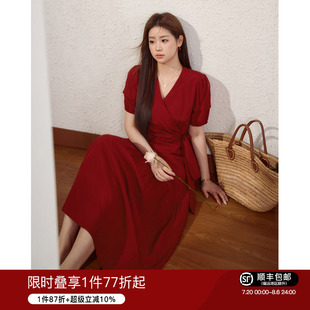 藍語大碼 收腰顯瘦系帶a字裙 氣質(zhì)紅色訂婚重要場合連衣裙夏季 女裝