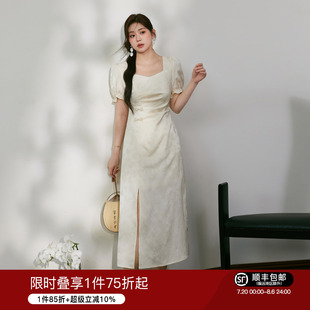 新款 蓝语大码 国风方领连衣裙夏季 新中式 收腰遮肚开叉优雅裙子 女装