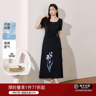 方领短袖 蓝语大码 新款 女装 印花a字裙抽褶收腰显瘦连衣裙 2025夏季