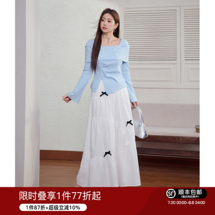 蓝语大码 穿搭一整套 女装 甜美减龄一字领上衣白色a字半身裙秋新款