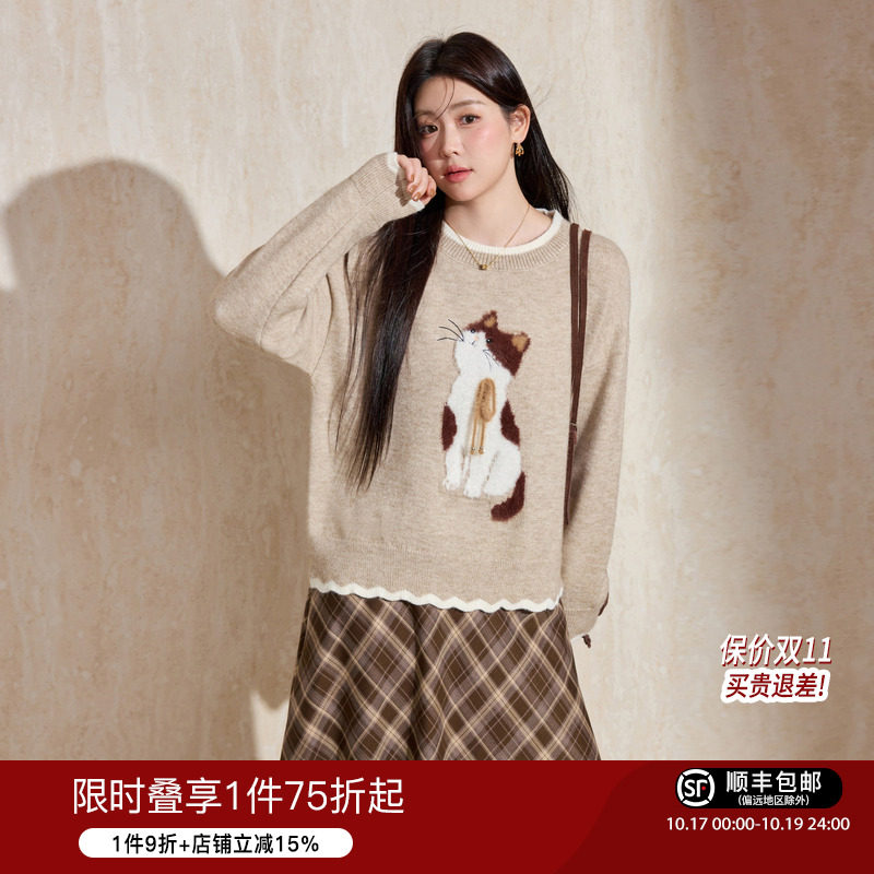 蓝语大码女装圆领可爱小猫提花针织毛衣2026秋季宽松显瘦慵懒上衣