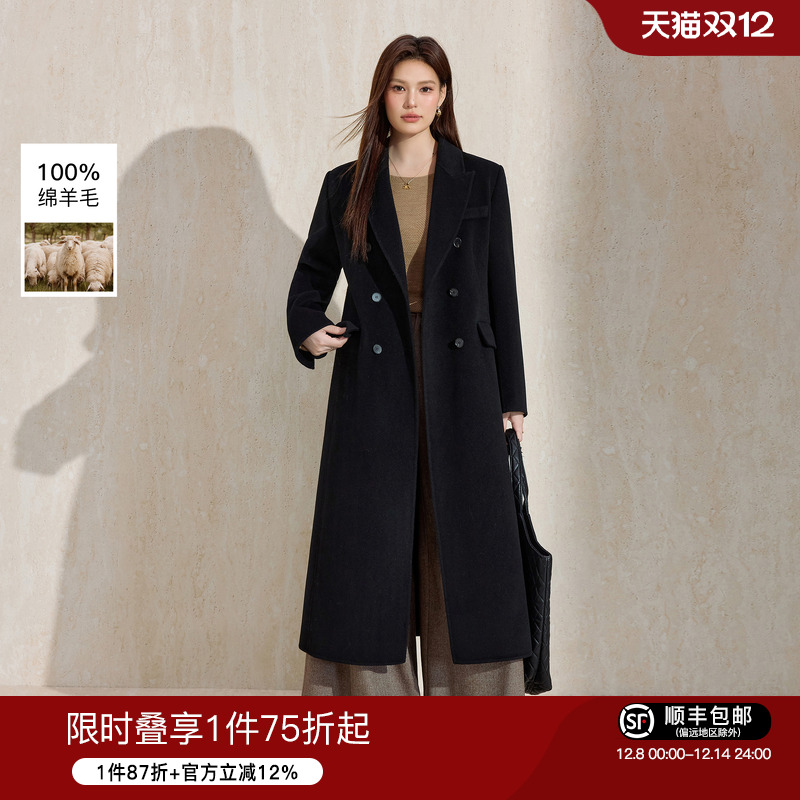 蓝语赫本风黑色全羊毛双面呢大衣