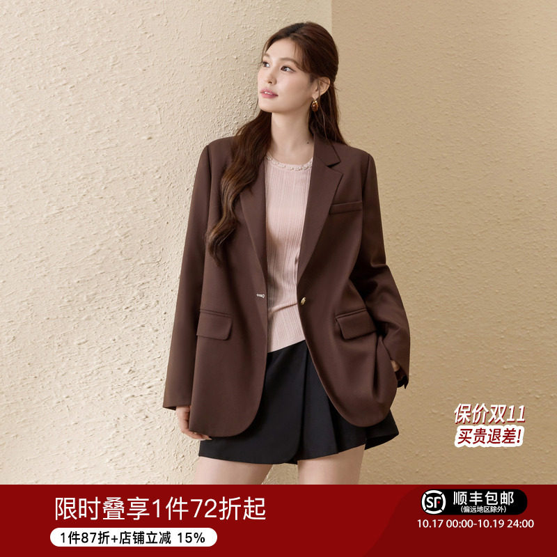 蓝语大码女装复古美拉德廓形正肩西装外套2026秋宽松遮肉西服上衣