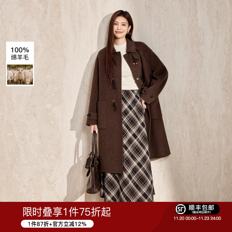 蓝语复古牛角扣翻领双面呢大衣