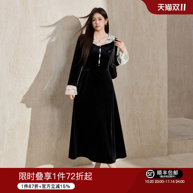 蓝语法式赫本风拼蕾丝丝绒连衣裙