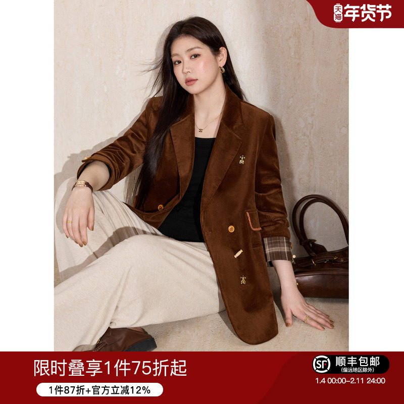 蓝语大码女装美拉德复古灯芯绒西服2026春季新款休闲撞色上衣外套,女装/女士精品,常规大码外套,淘宝优惠券,粉丝福利购,淘宝优惠卷