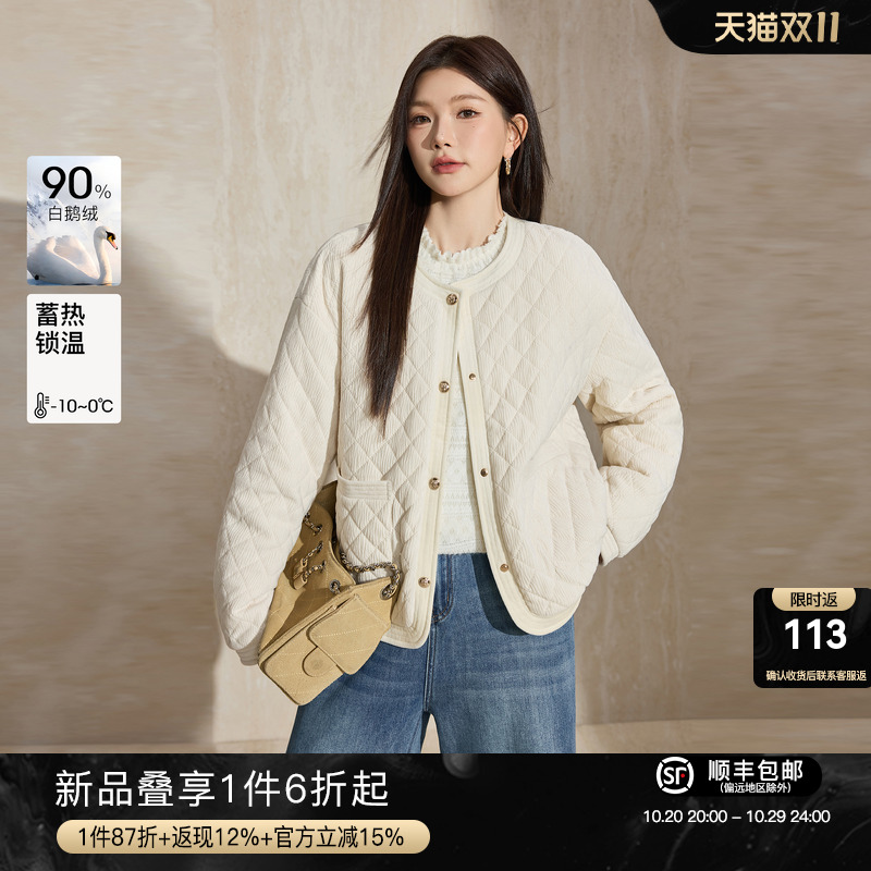 蓝语圆领灯芯绒白鹅绒轻薄羽绒服
