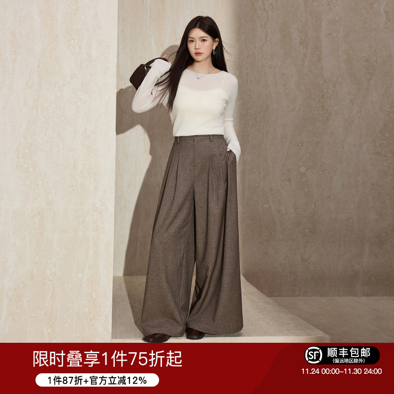 蓝气大女主气质高腰压皱阔腿裤