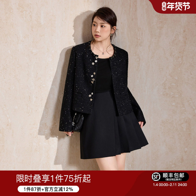 蓝语大码女装黑色高级感洋气小香风短外套羊毛混纺亮丝编织上衣,女装/女士精品,常规大码外套,淘宝优惠券,粉丝福利购,淘宝优惠卷