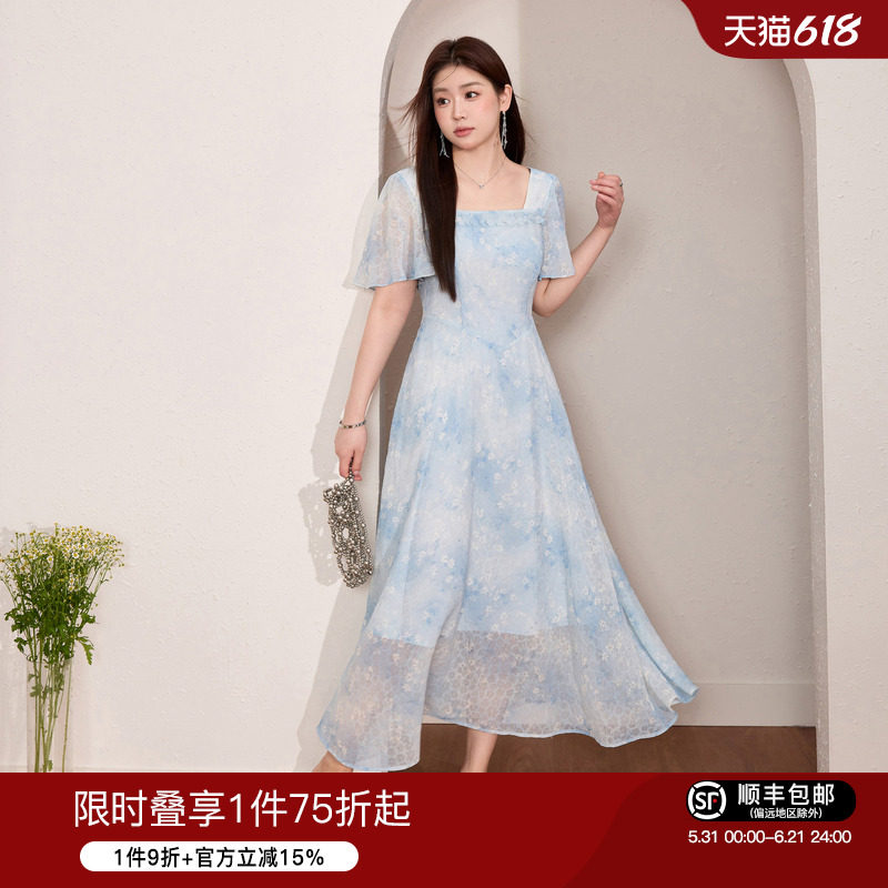 蓝语大码女装优雅绝美方领蓝色碎花裙夏季新款掐腰遮肉a字连衣裙