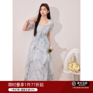 新款 藍語大碼 女裝 流光金荷葉邊度假風連衣裙夏季 收腰遮肚子a字裙