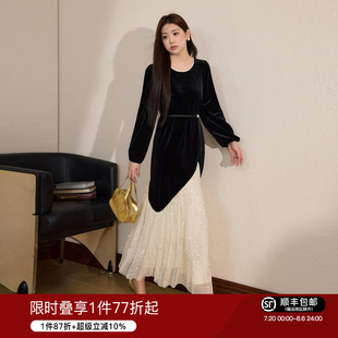 胖mm设计感拼接黑色丝绒连衣裙2024秋冬收腰显瘦网纱长裙 蓝语大码