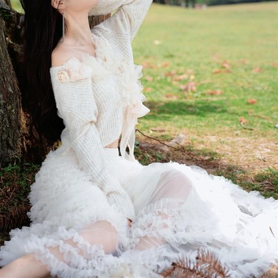 人间蜉蝣 弥华系列半身裙秋冬长裙女白色2024新款法式蛋糕裙长款