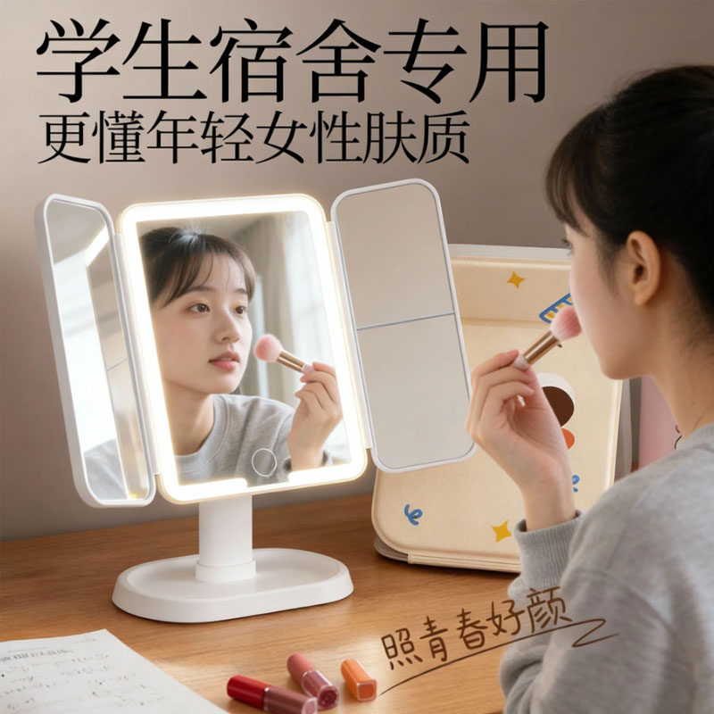 学生宿舍专用镜子化妆镜便携防摔大号折叠带灯可爱桌面2026新款镜