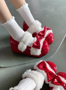 洛丽塔鞋子学生棉鞋小暖糕lo鞋女2024冬季原创可爱Lolita毛毛单鞋