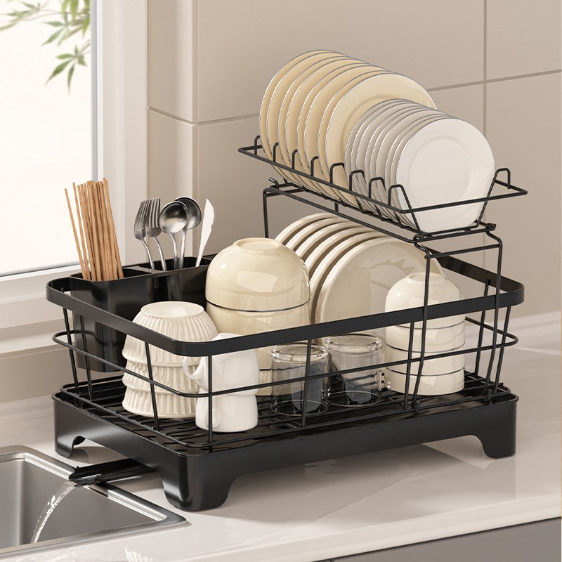 沥水碗架家用碳钢放碗碟收纳架厨房置物架筷子筒双层碗盘沥水架