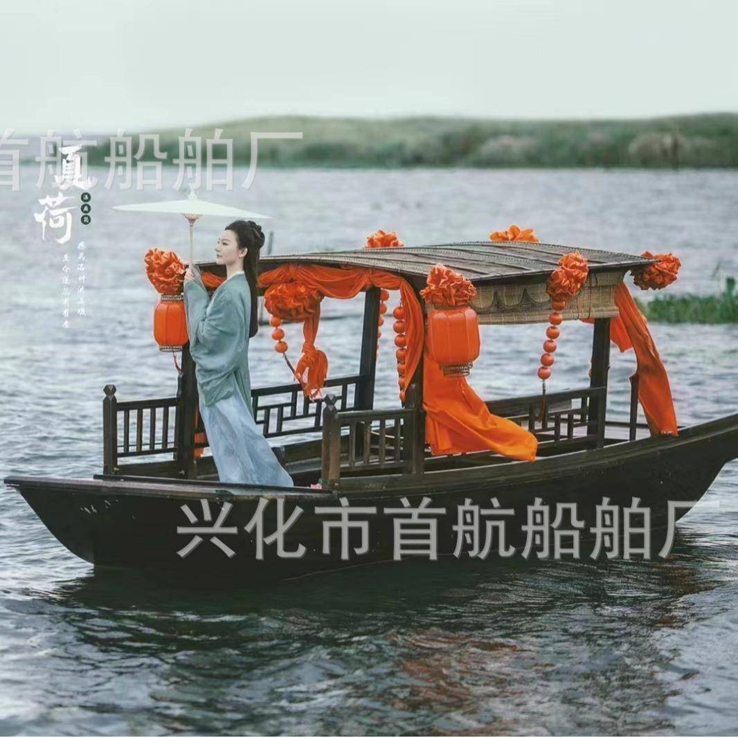 小木船仿古观光游览装饰餐饮道具乌篷船景区划桨摇橹船户外