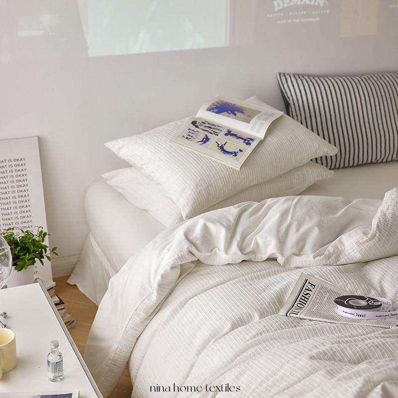 全棉水洗棉四件套日式纯白色纯棉被套床单床上夏季4件套床上用品