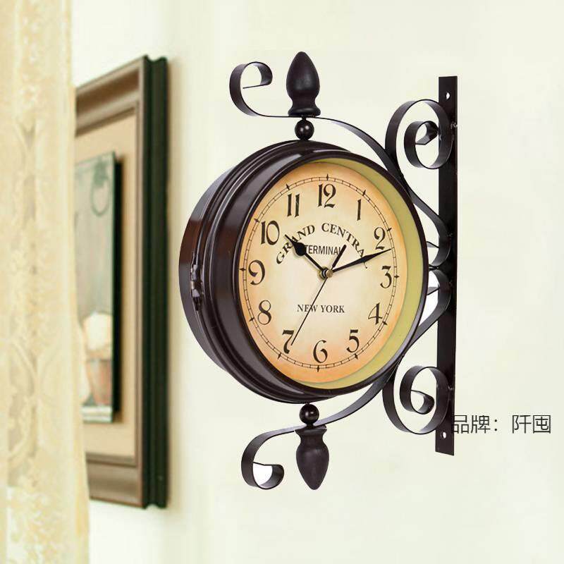 欧式铁艺双面挂钟吊钟创意田园挂表现代客厅壁钟卧室时钟静音大号