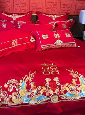 新中式婚庆四件套红色100支全棉结婚床上六件套婚嫁喜被婚房布置