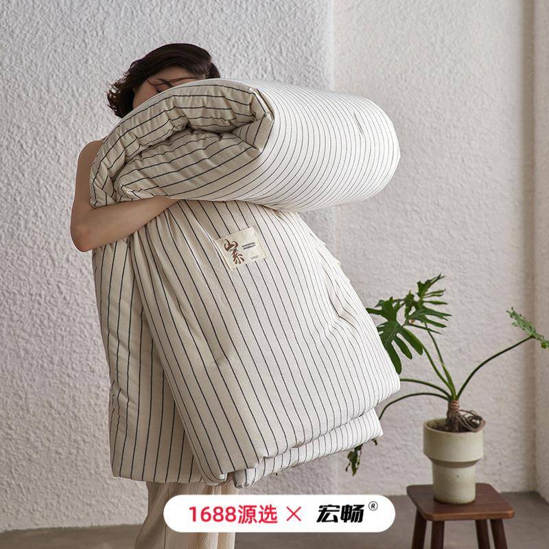 A类母婴全棉色织水洗棉春秋被冬被日式简约条纹纯棉大豆被子被芯