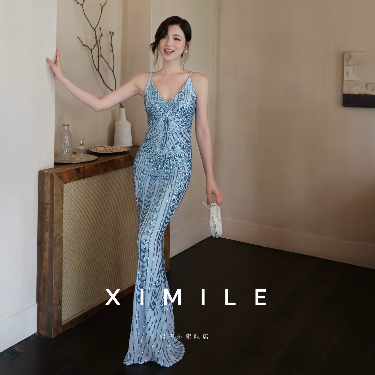 熙蜜乐蓝色性感吊带亮片晚礼服