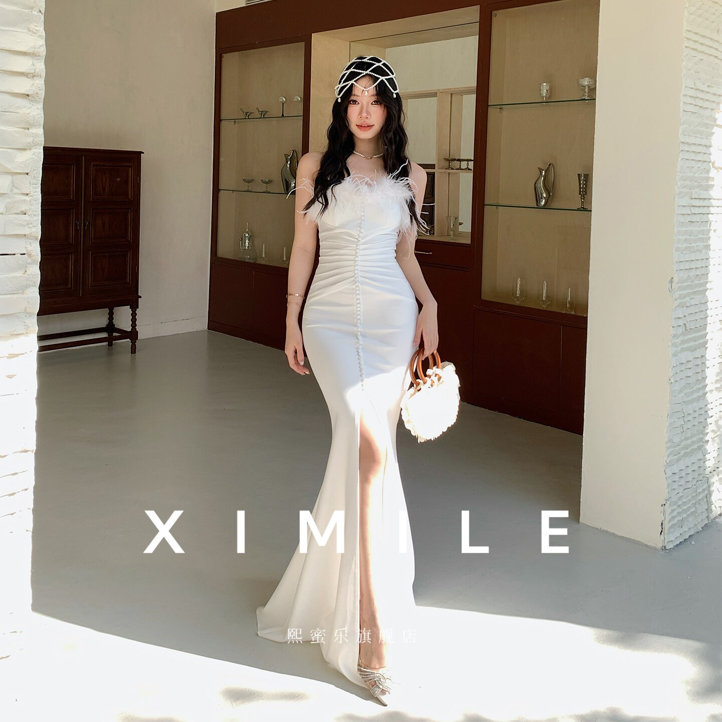 ximile熙蜜乐白色毛毛抹胸晚礼服