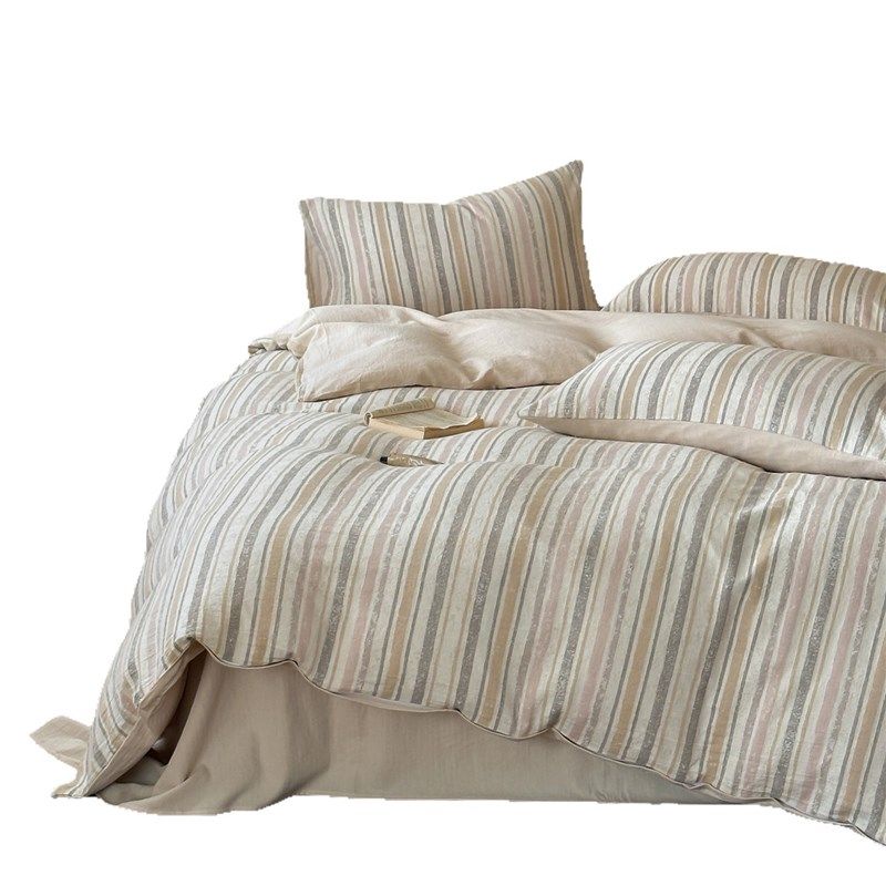 简约日式条纹30%麻70%棉四件套 裸睡透气学生宿舍三件套家纺套件,床上用品,床品套件/四件套/多件套,淘宝优惠券,粉丝福利购,淘宝优惠卷