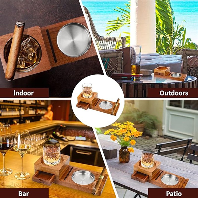 实木雪茄烟灰缸带雪茄抽屉威士忌杯托托盘雪茄盒学家配件