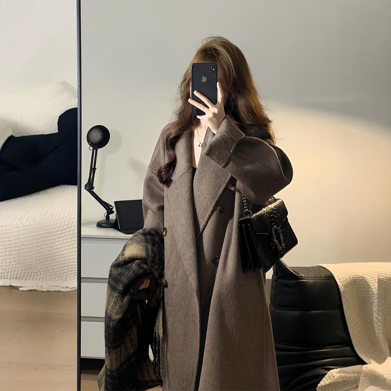 美拉德棕色双面羊绒大衣女2024新款中长款韩系宽松高级感羊毛外套