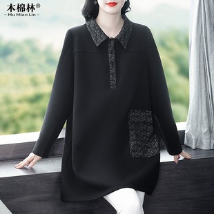 大码女装时尚翻领显瘦中长款卫衣秋冬新款胖妈妈保暖遮肚百搭上衣