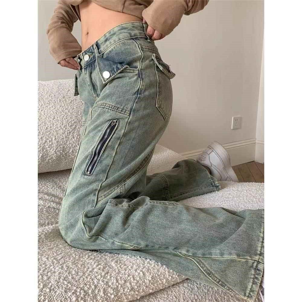 美式高街复古水洗宽松直筒工装牛仔裤大码女装高腰阔腿长裤显瘦潮,女装/女士精品,大码裤装,淘宝优惠券,粉丝福利购,淘宝优惠卷