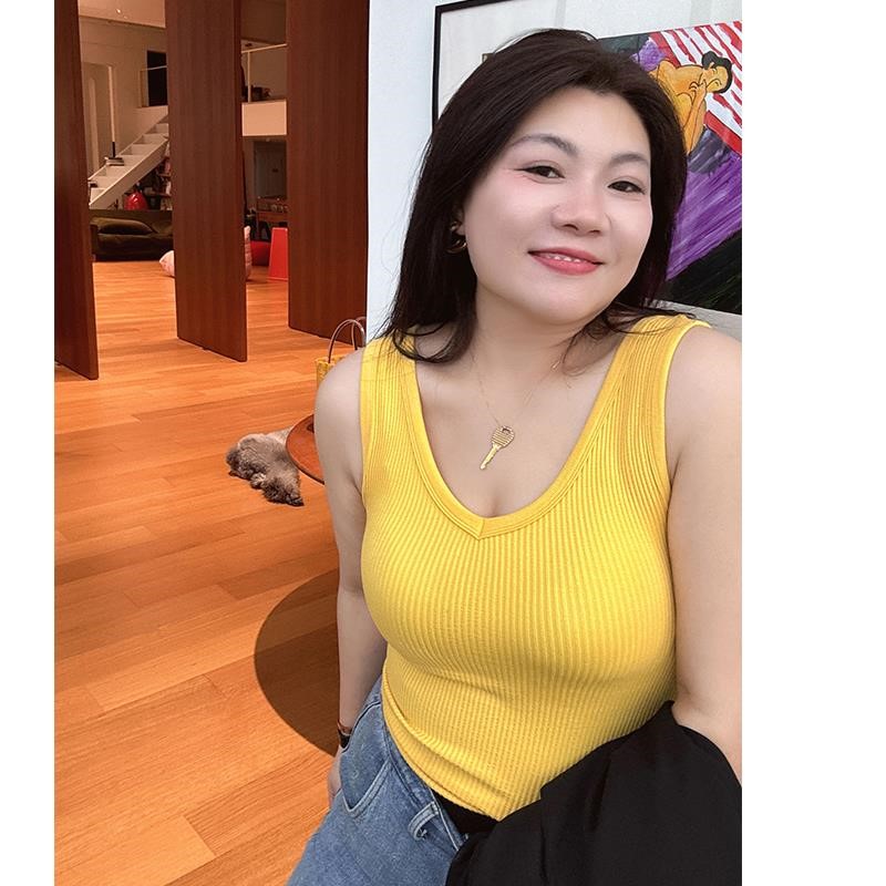 大码女装彩色V领坑条吊带背心胖m