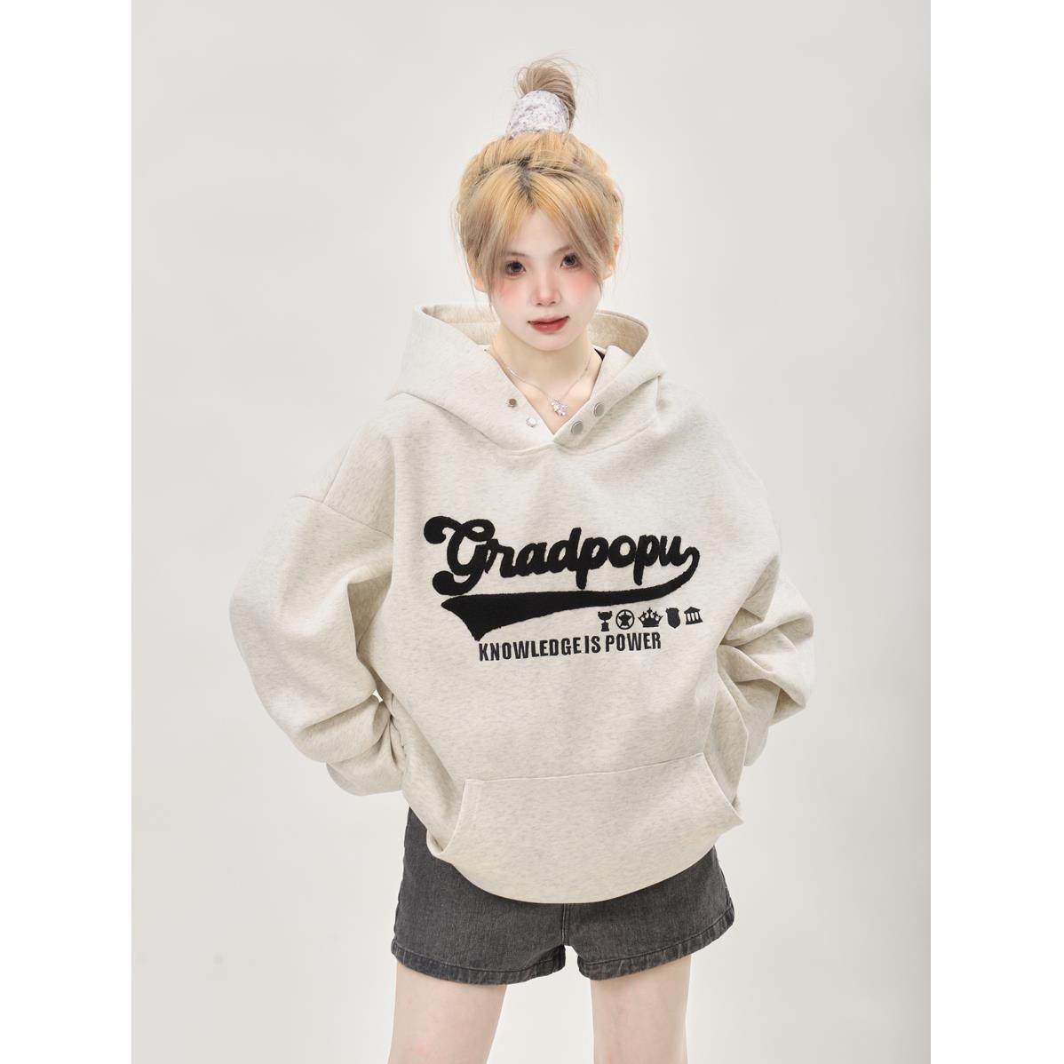 慵懒风oversize字母刺绣灰色卫衣女春秋美式复古连帽重磅情侣上衣,个性定制/设计服务/DIY,棉服工装,淘宝优惠券,粉丝福利购,淘宝优惠卷