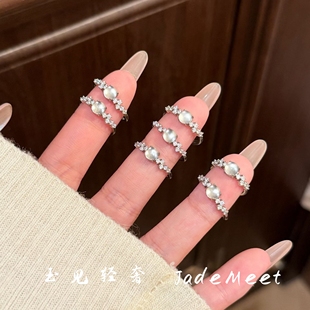 天然水沫玉戒指s925银日进斗金女开口可调节叠戴食指戒法式气质