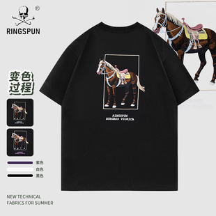 【骏马】RINGSPUN潮流男士重工刺绣纯棉上衣夏季休闲圆领短袖T恤