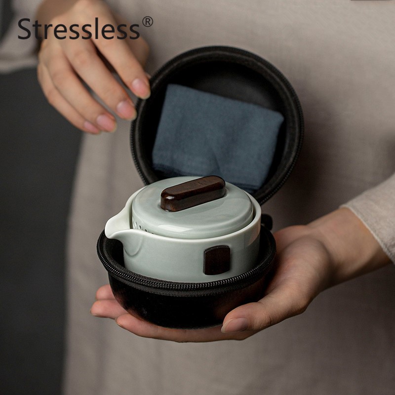 轻奢陶瓷一壶二杯可携式户外随身泡茶旅行功夫茶具茶杯茶壶套组