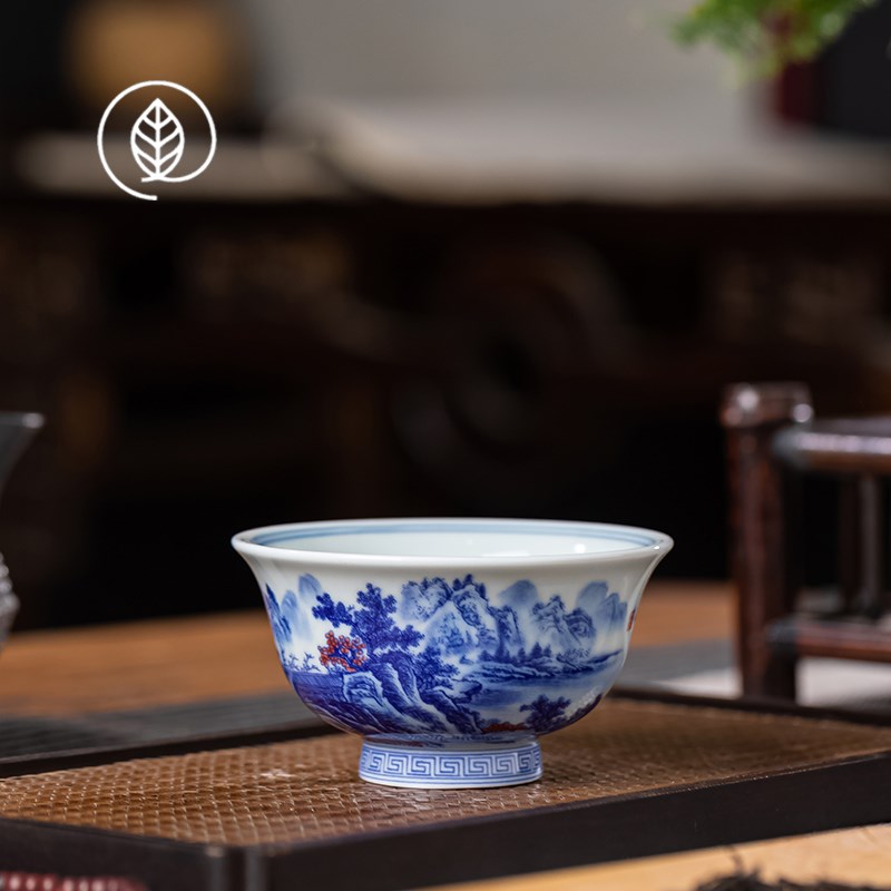 景德镇青花瓷山水压手杯陶瓷手工仿古单杯个人专用主人杯高档茶杯