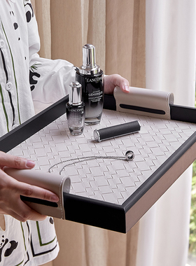 轻奢玄关钥匙收纳盘盒中古t高档黑色皮革质香薰托盘法式装饰品摆