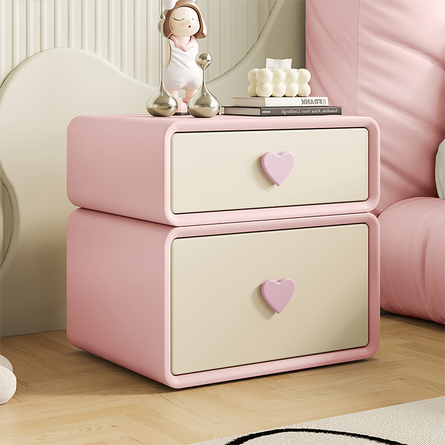 奶油风儿童床头柜实木粉色小柜子