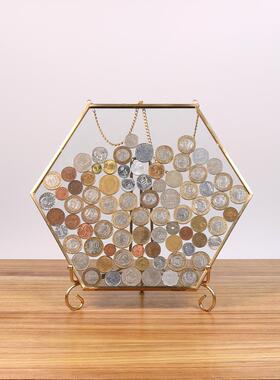 六边形硬币展示框 新房客厅玄关装饰酒柜软装 透明储蓄罐玻璃摆件
