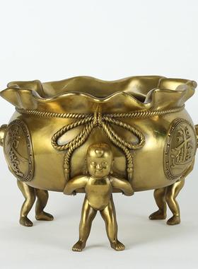 纯黄铜金玉满堂聚宝盆摆件新中式家居办公室桌面礼堂供奉装饰用品