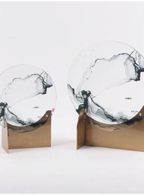 中式金属亚克力水墨装饰摆件新中式样板间客厅柜书房酒柜屏风摆设