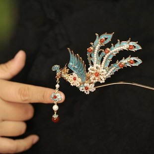 凤凰发簪2024新款高端汉服簪子新中式清冷烧蓝宋制发冠旗袍发饰品